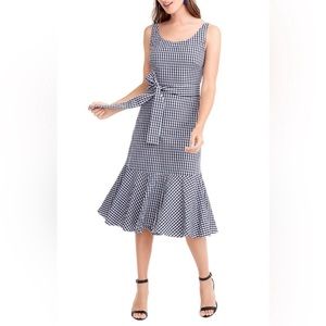 J. Crew Navy White Gingham Ruffle Hem Tie Waist Midi Dress in Size 2‎ Petite